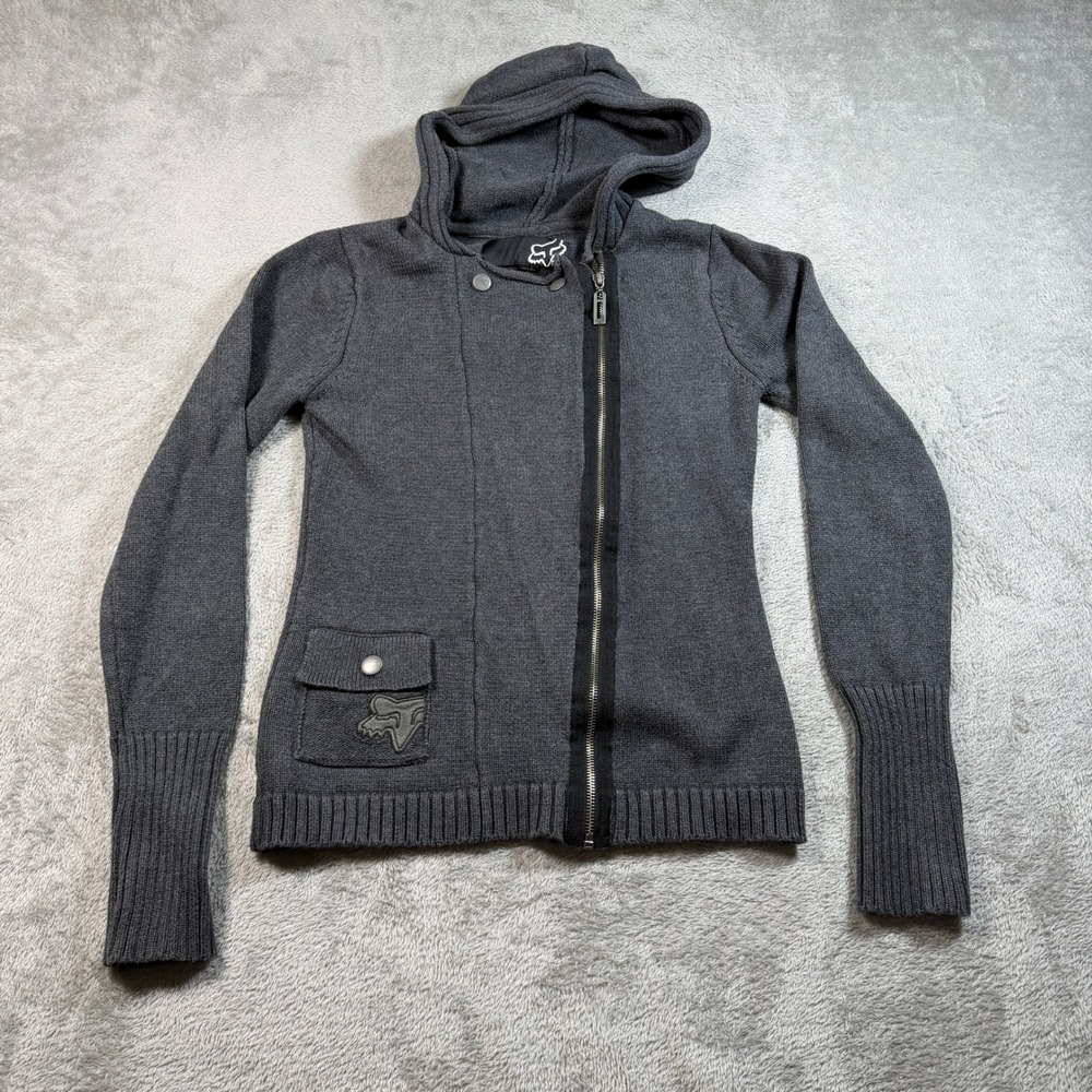 Vtg Fox Racing Full Zip Hoodie Womens Medium Gray Asymmetrical Knit Cotton Y2K